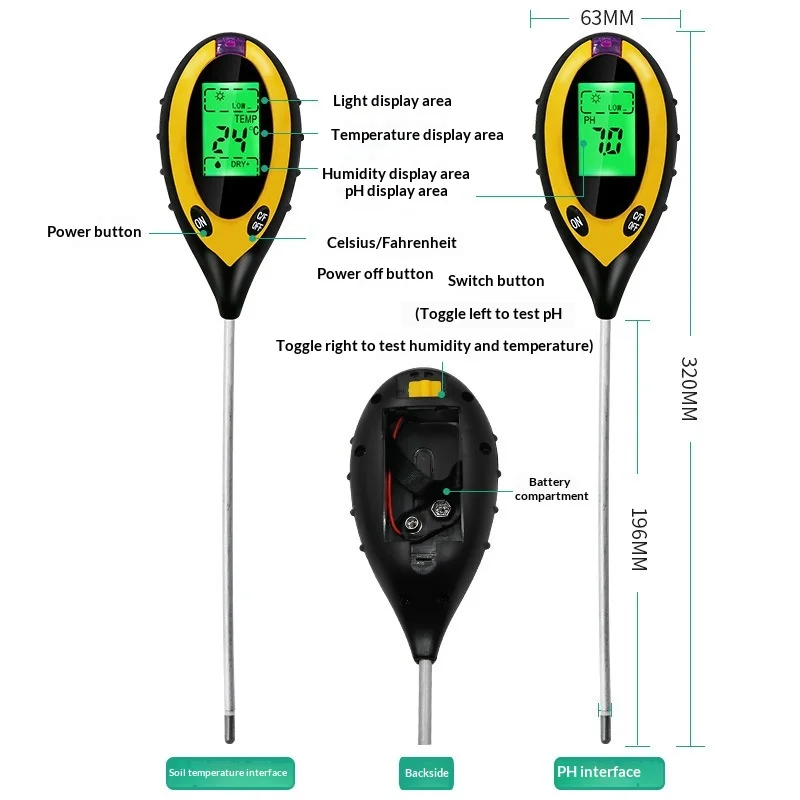 4 in 1 Soil Tester, Soil PH Moisture Temperature Light Meter, Digital Soil Detector for Garden Farm Plant Care