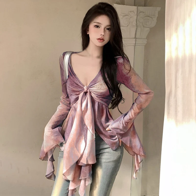 Sexy V-neck Chiffon Shirt Women\'s Summer Design Sense Gradient Tie Dyed Ruffle Flare Sleeve Top Purple One Size