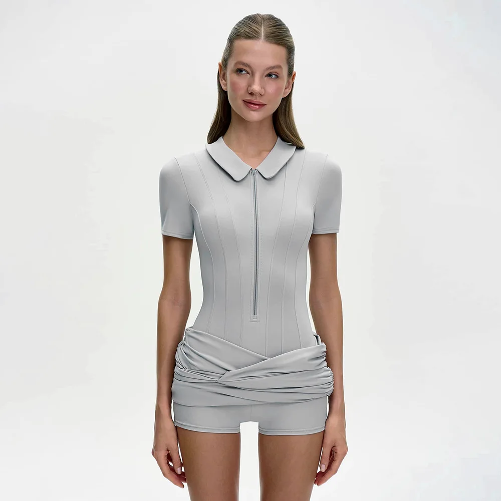 Modischer Plissee-Jumpsuit für Damen, Eleganter Kurzarm-Bodycon mit Reißverschluss und Revers, Sommerliche Alltags- und Streetwear – Detail 20