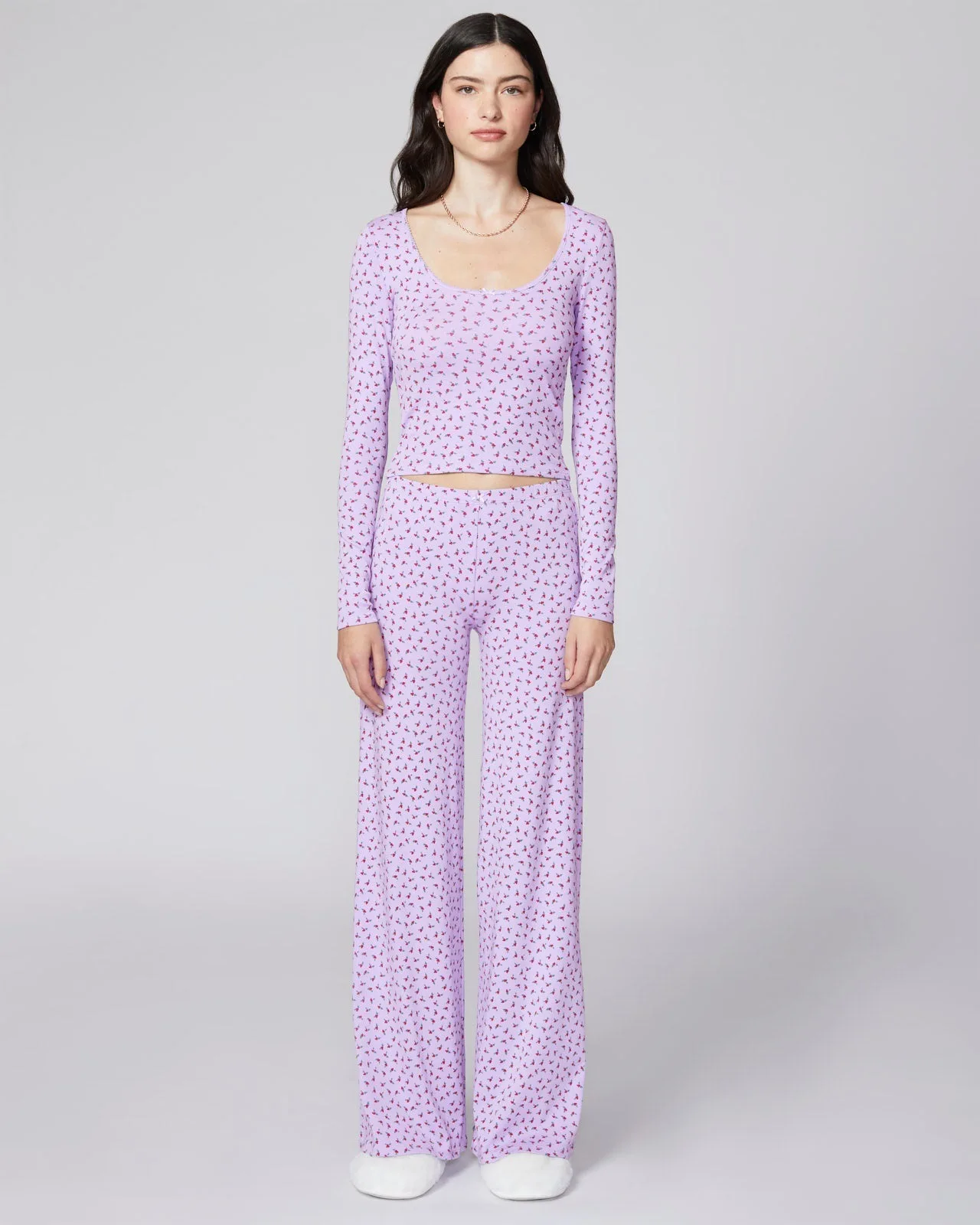 

Autumn Women's Pyjamas Elegant Style Sweet Print Lace-Trimmed Deep Round Neck Long-Sleeved Top and Trousers Comfortable Homewear