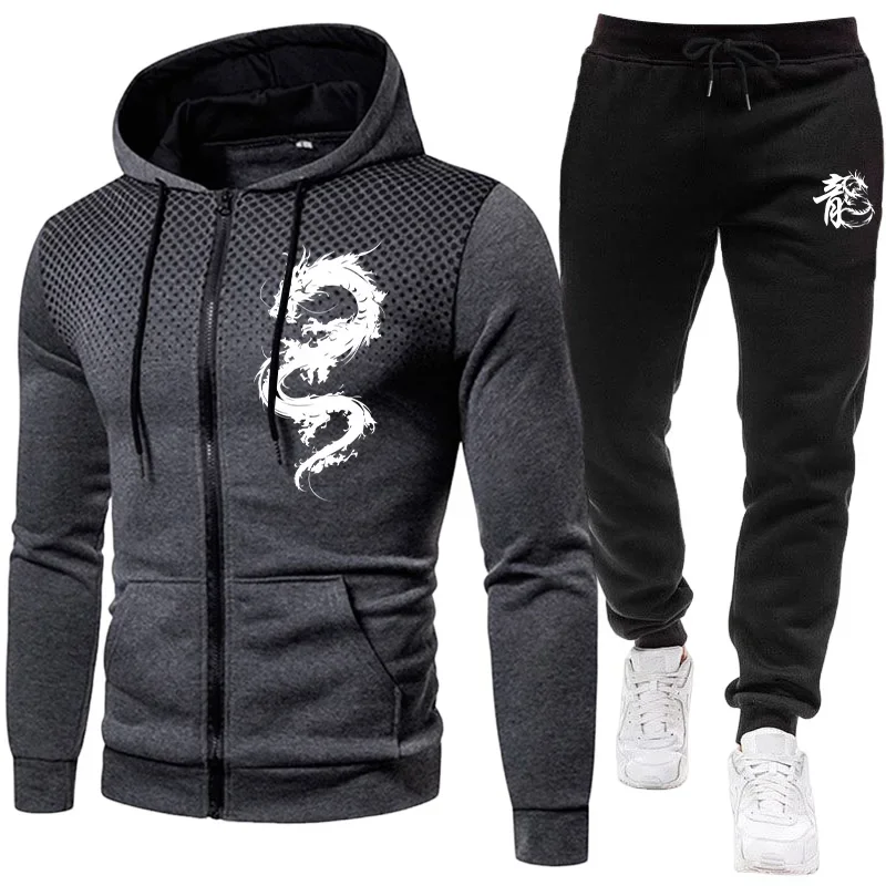 Men's Paris Dragon Pattern Fashion Print Set Two Piece Set Hoodie and Warm Pants Winter Simple Hoodie Set Clearance Men Clothing view 5