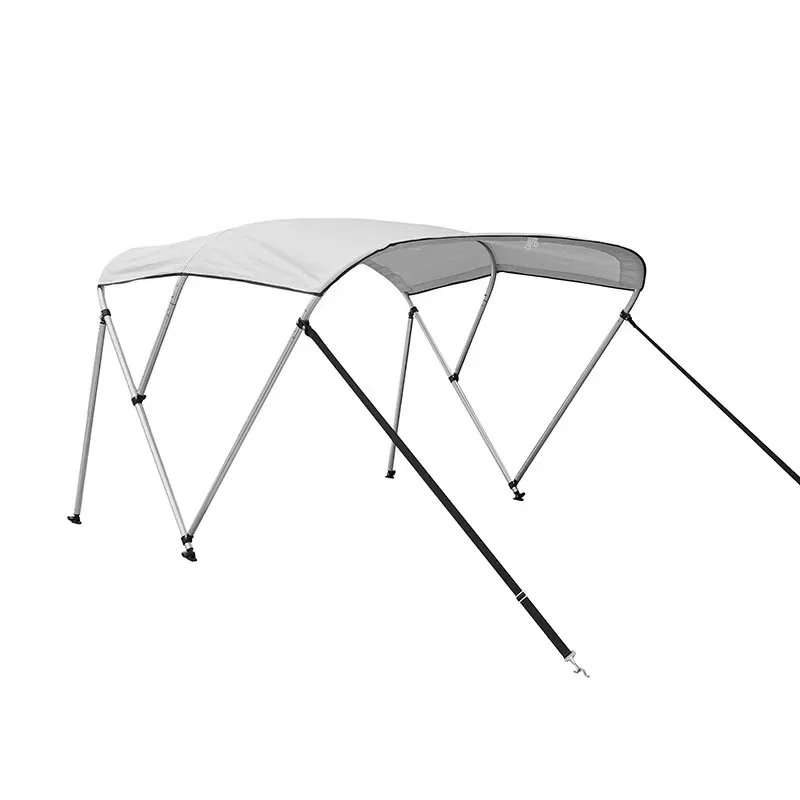 4 Bow Bimini Top, Grey 600D Polyester Canopy, Aluminum Frame with Rear Support Poles and Boot, for Marine Pontoon Boat Yacht