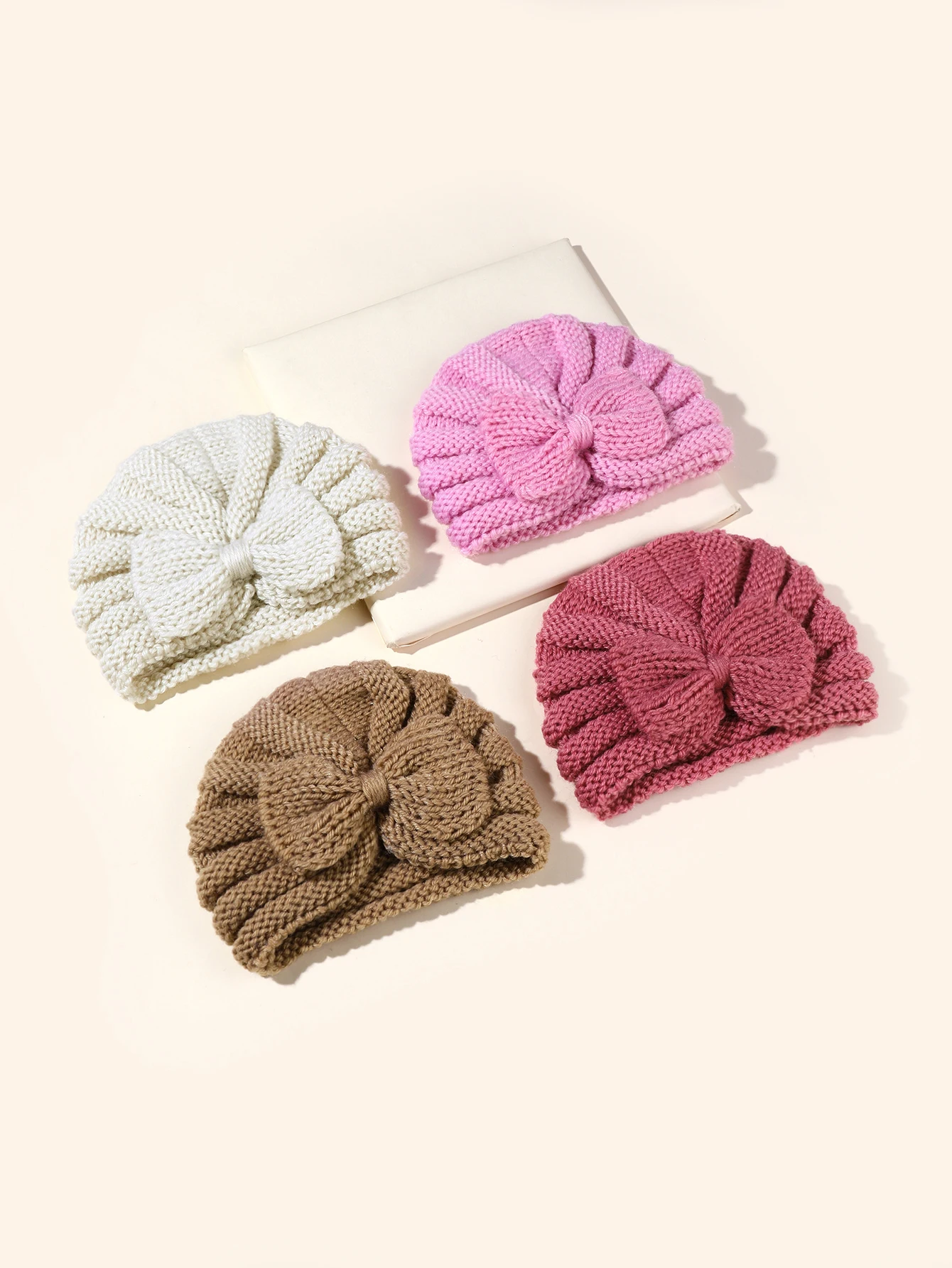 4pcs Bow Knit Baby Hat Girls Boys Elastic Bonnet Autumn Winter Warm Turban Hats Solid Color Woolen Cap Kids Accessories