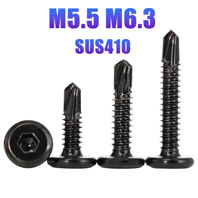 10/20/50pcs Flat Head Hex Socket Cap Self Drilling Screw Black Zinc 410 M5.5 M6.3 #12 #14 Self Tapping Sheet Metal Screws