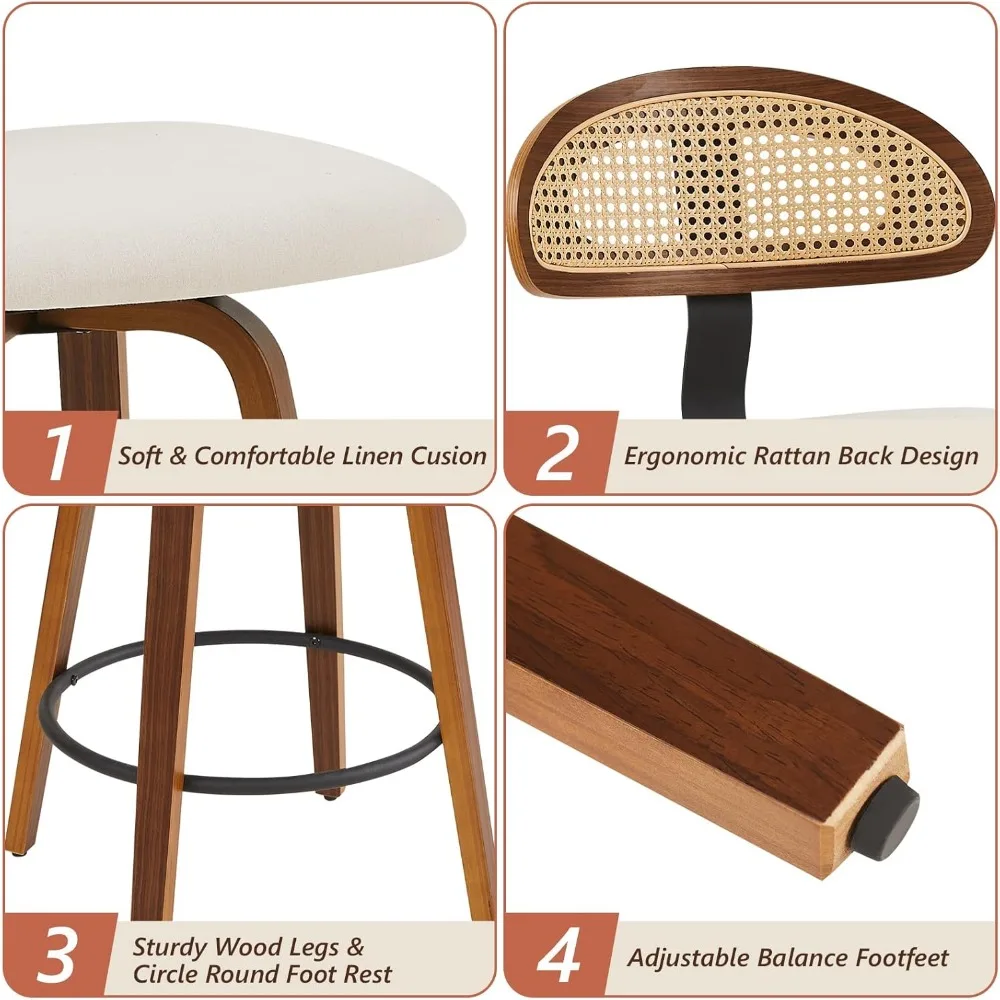 Kursi Bar Tinggi Konter Putar Set 2, Kursi Bar Berlapis 26 "Kursi Bar dengan Punggung Rotan, Bingkai Bentwood Ba Modern Abad Pertengahan