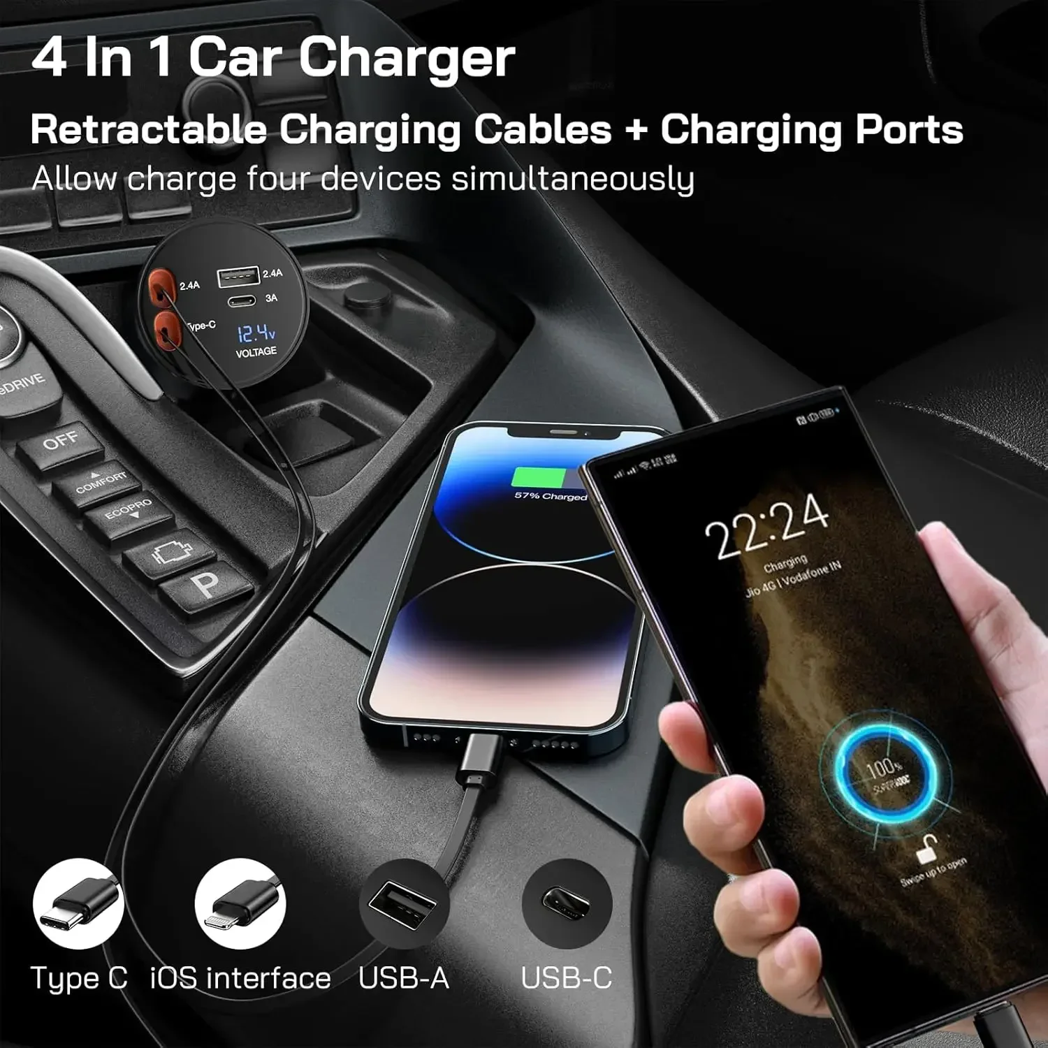 

Four in One Metal Car Charger, Super Fast Charging, Telescopic Cable, Car Cigarette Lighter, PD300000 Bending Mini Car Charger