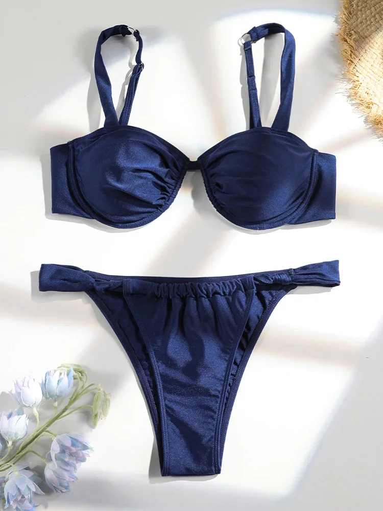 

Push Up Bikinis Swimwear Dark Blue Swimsuit Women Sexy Bathing Suit Triangle Biquini 2-Pieces Beachwear 2025 Summer