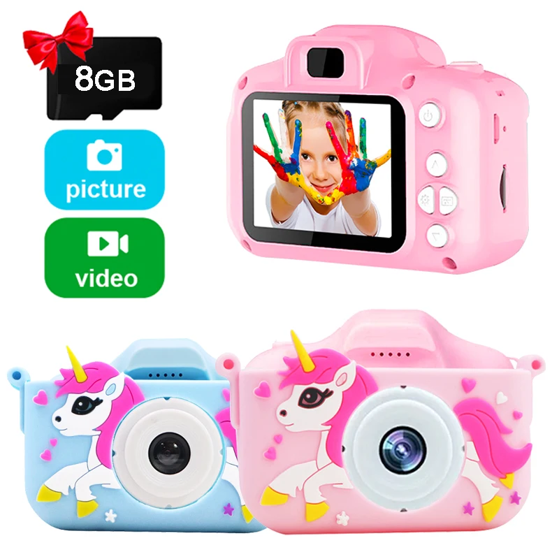 Kids Digital Camera Cartoon Unicorn Silicon Case TF Micro Card Selfie Portable Video Birthday Christmas Gifts for Girls Boy Toys