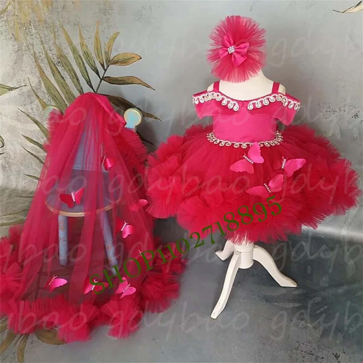 Vestido de niña de las flores para boda, tul hinchado, apliques de mariposa 3D, cuentas con cola desmontable, fiesta de cumpleaños, vestido de primera comunión