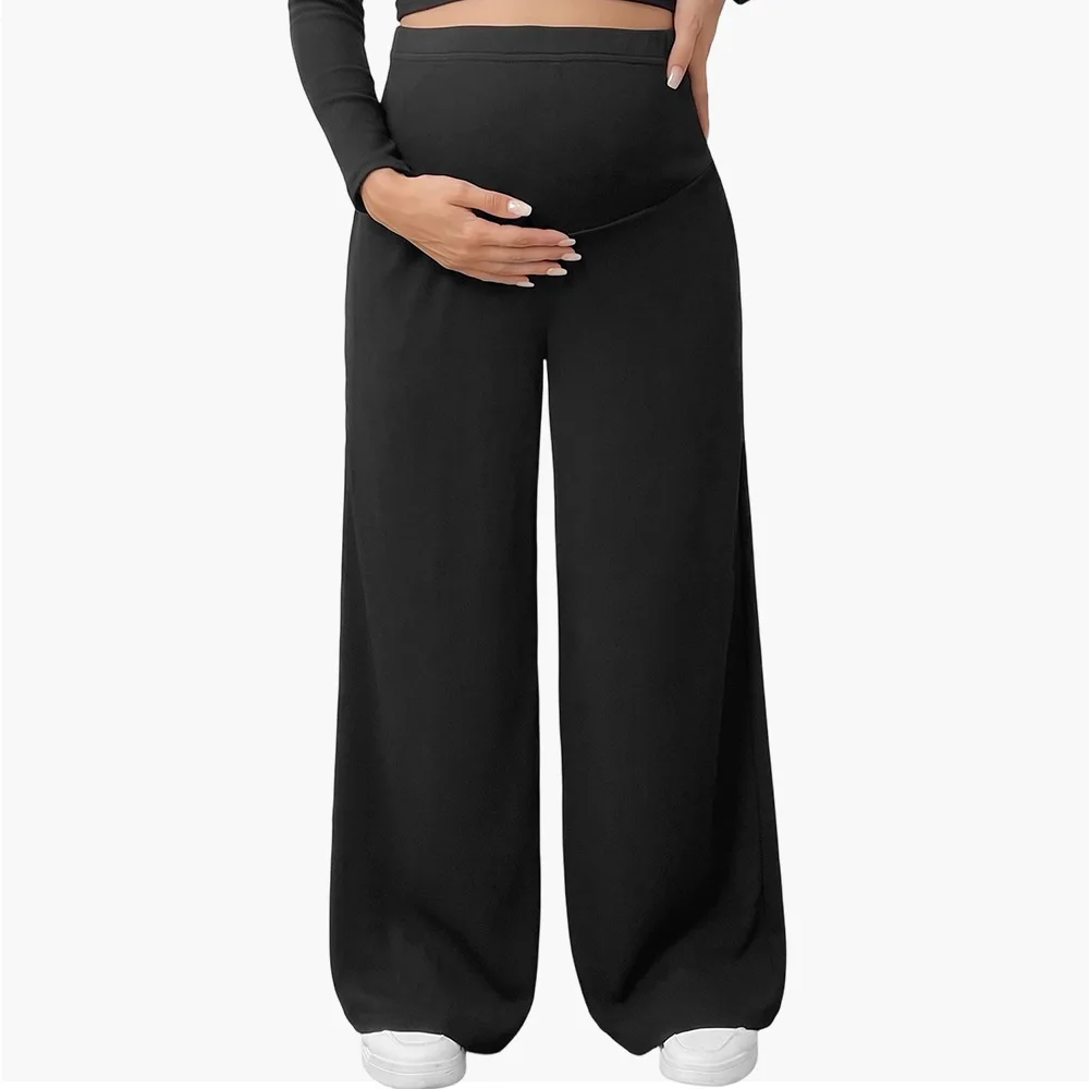 2026 New Autumn Winter High Waist Belly Support Maternity Wide Leg Trousers Stretchy Long Pregnancy Pants With Outer Pants for