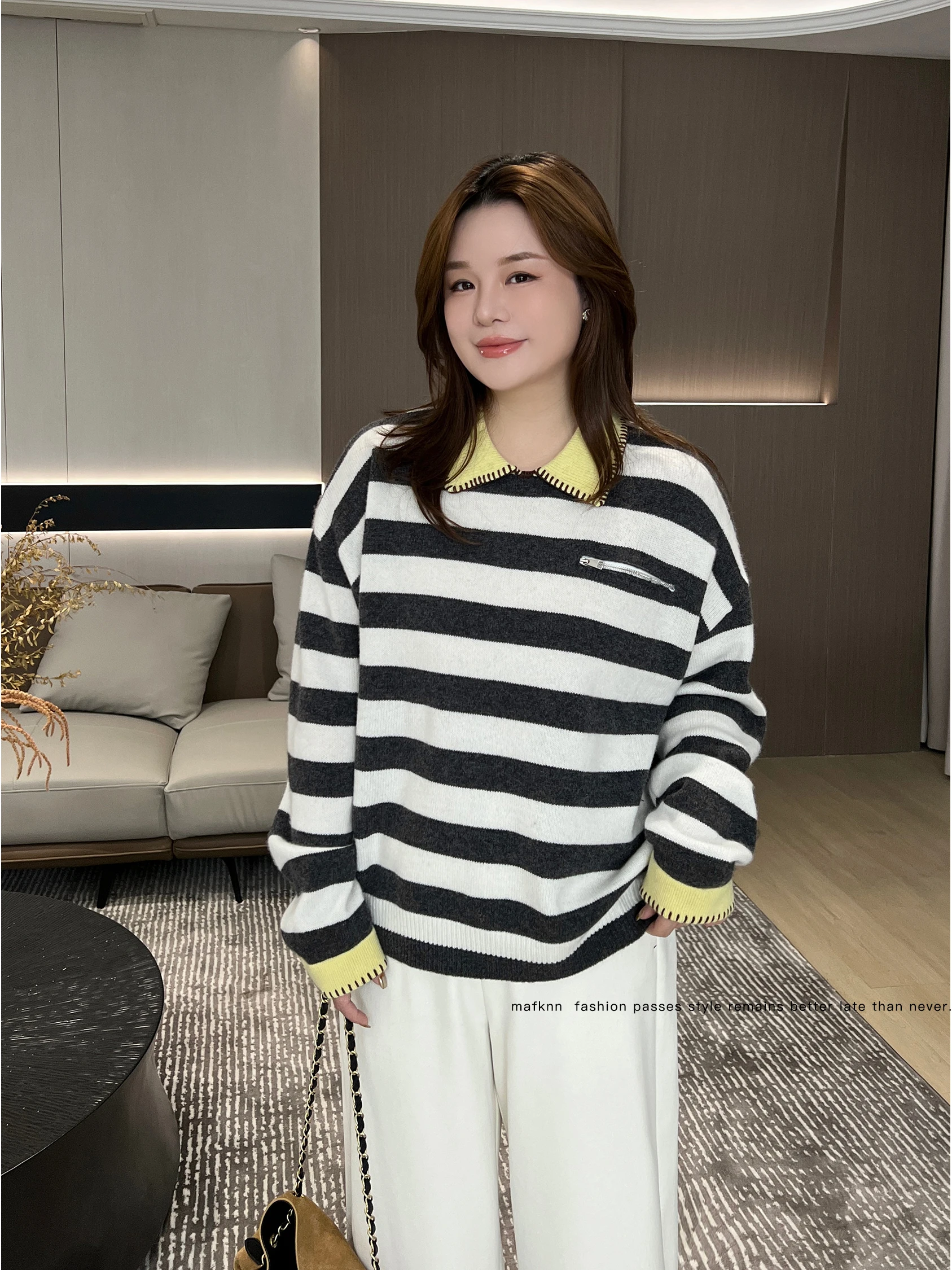 

JoJo Private Label 00% Wool plus Size Women's Striped Knitwear Turn-down Collar Color Blo Sweater Autumn Winter Faion