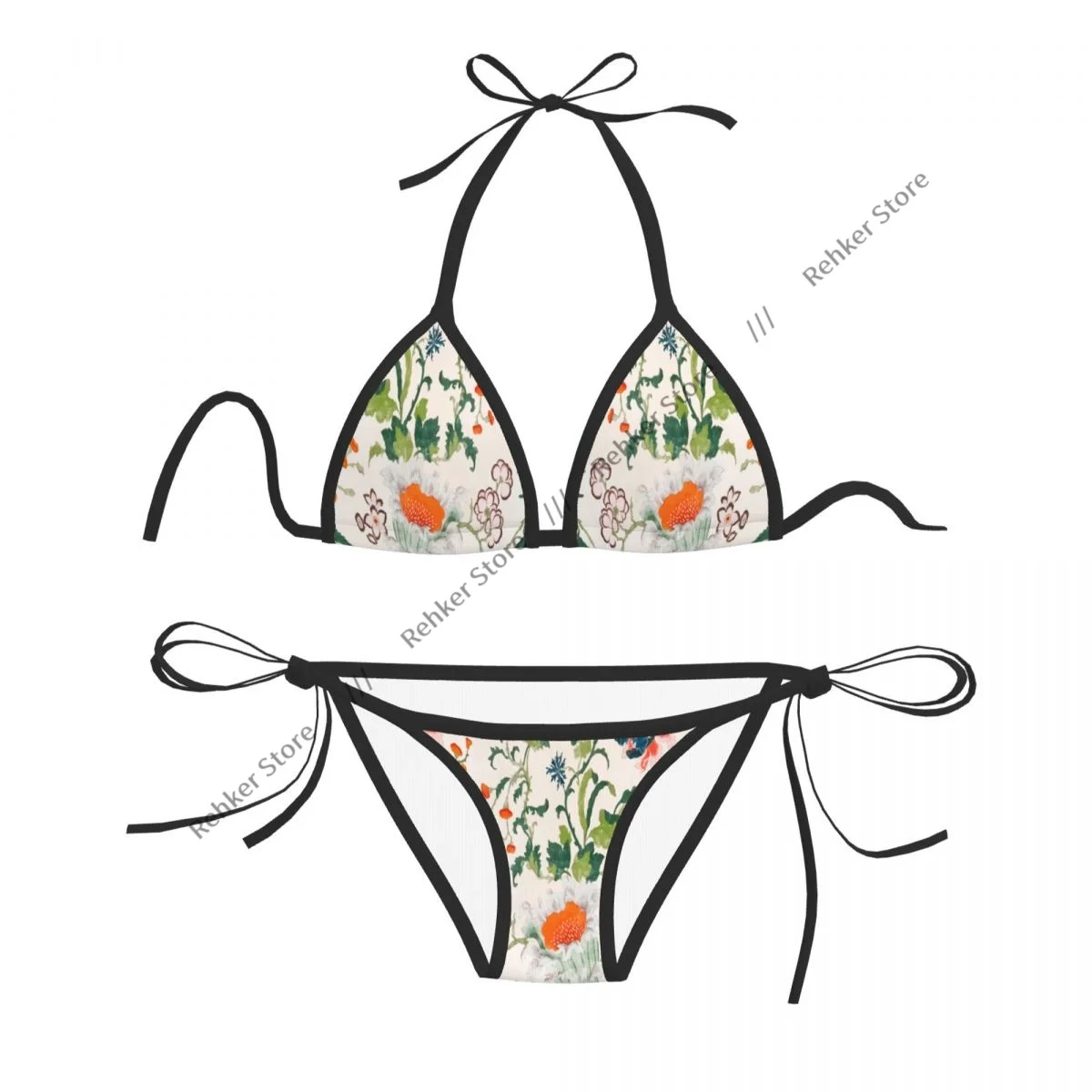 

Sexy Thong Bikini Mujer Swimwear Women Vintage Floral Chinoiserie Summer Beachwear