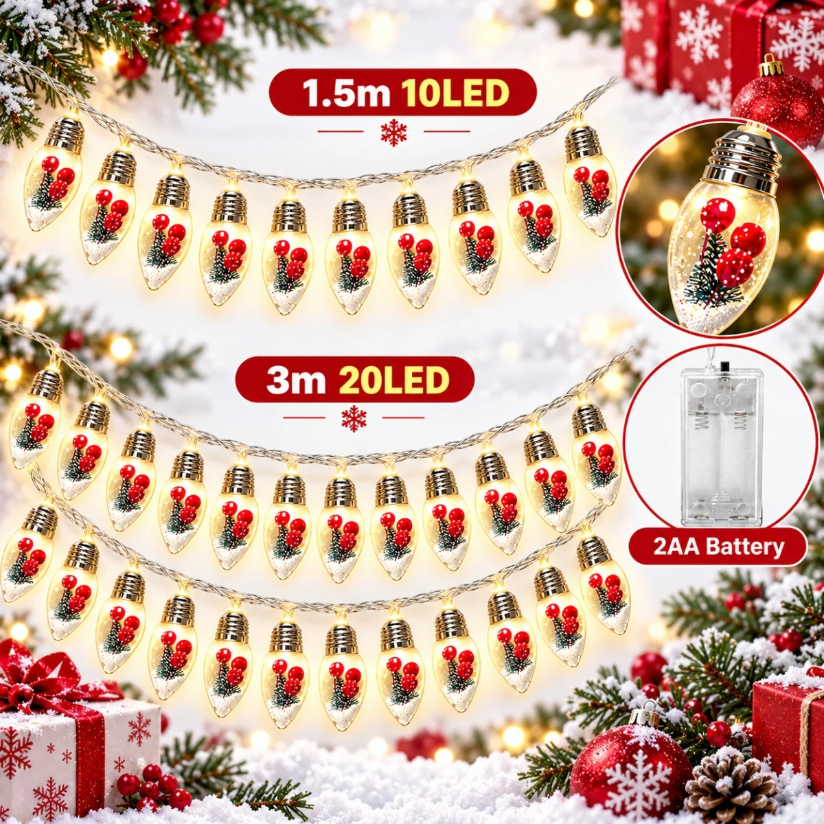 1pc 10/20 LED Snow Globe String Lights With Christmas Tree&Red Berry Battery Powered Hanging Fairy Lamp For Home Bedroom Decor