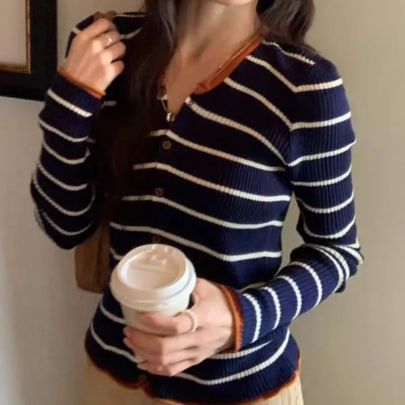 컬러 블록 스트라이프 니트 가디건 여성 슬림 캐주얼 스웨터 코트