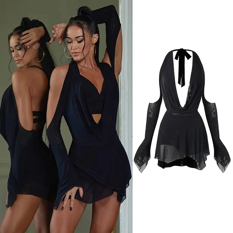 Sexy Mesh Latin Dance Dress Women Halter Neck Black Dress Party Rumba Samba Tango Dance Costume Adult Practice Clothes DNV18822