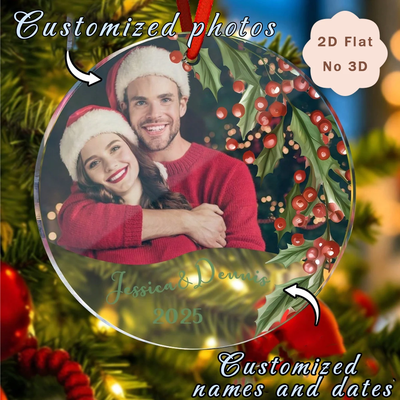 Custom Round Acrylic Christmas Ornament, Upload Personal Photo, Custom Name & Year, Holly Berry Print, Xmas Tree Pendant, Couple