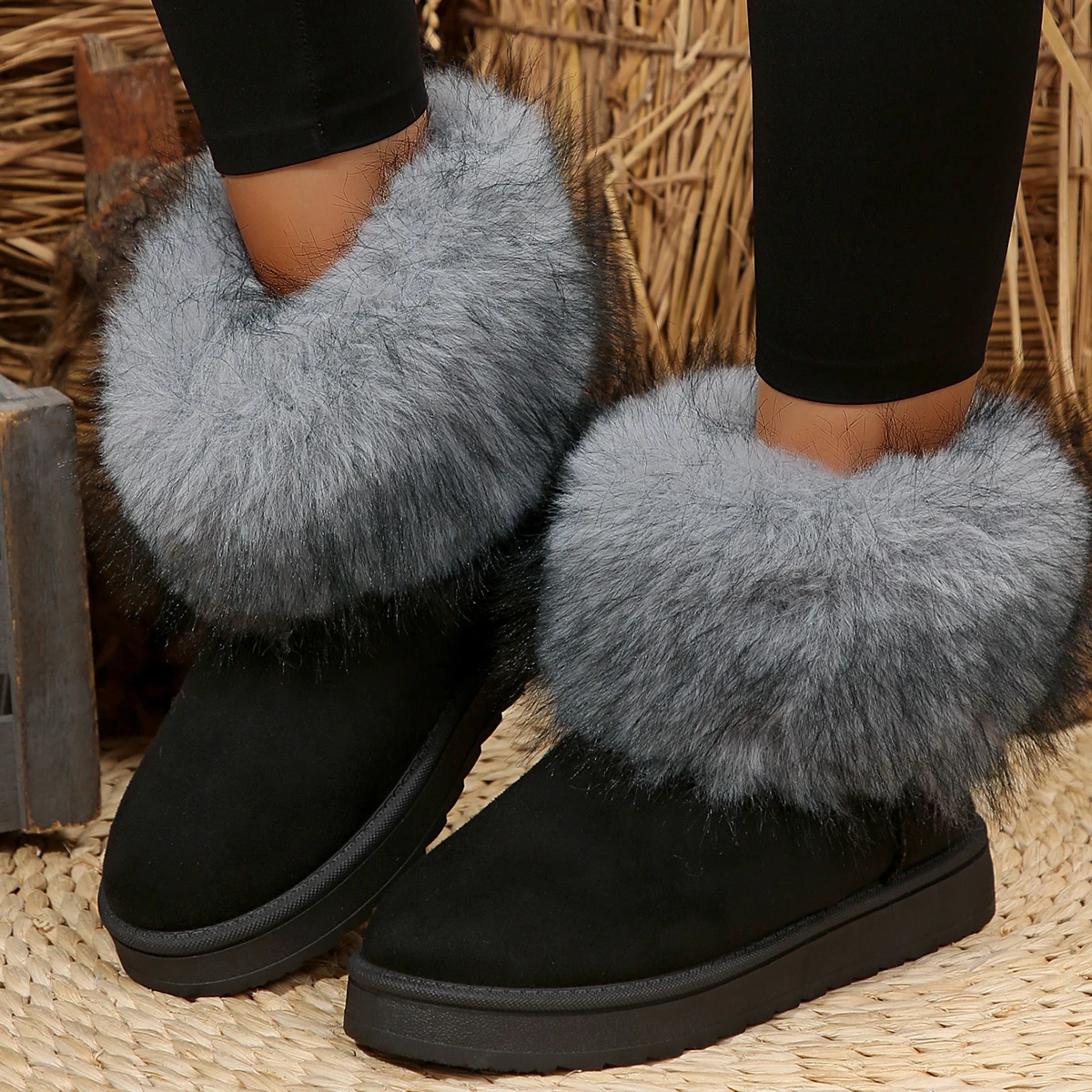 Shoes for Women Winter Slip on Women's Boots Black Round Toe Solid Flock Plush Warm Mid Heel Water Proof Casual Snow Boots Women