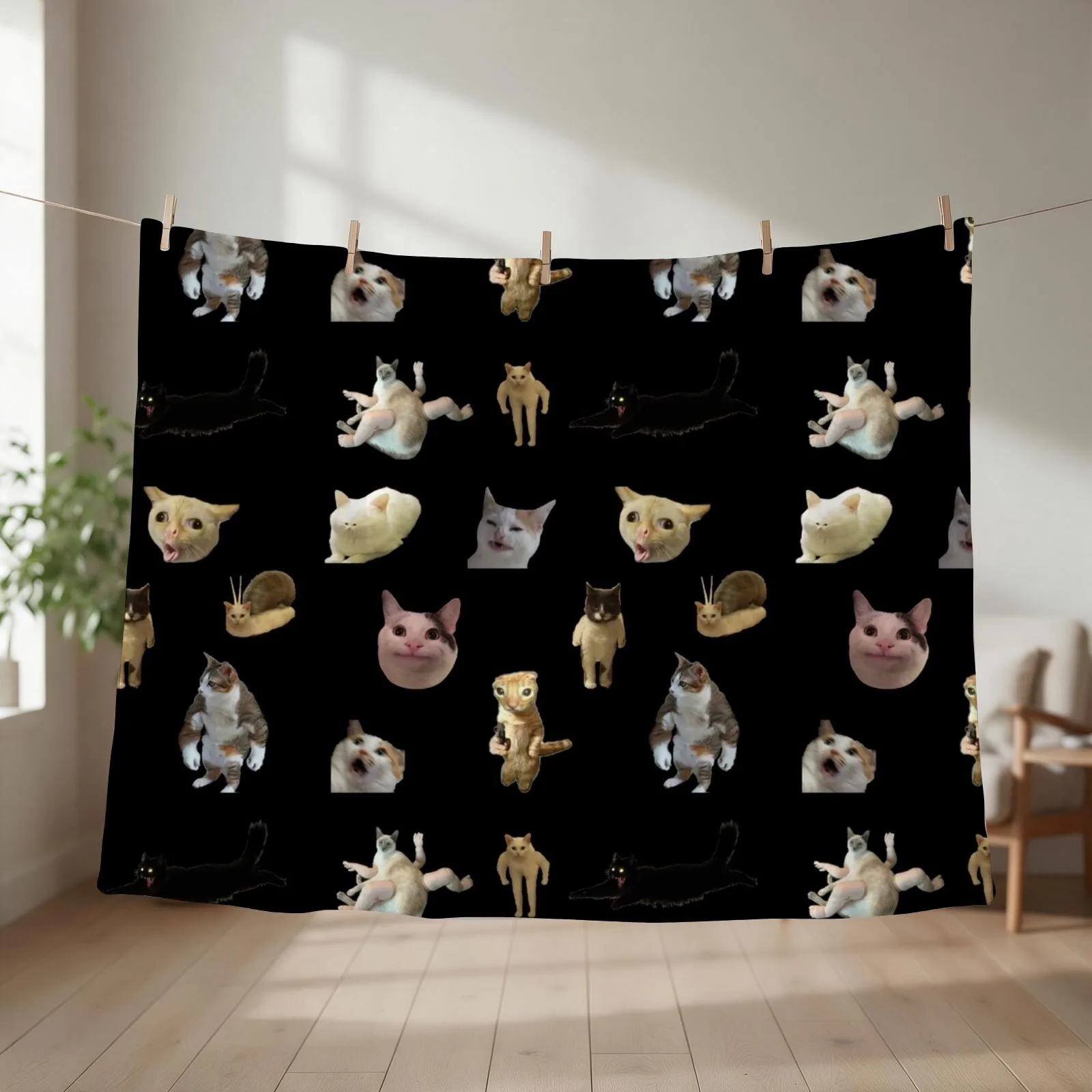 Cursed Meme Cats Throw Blanket couch cozy soft plush fuzzy picnic outdoor blanket