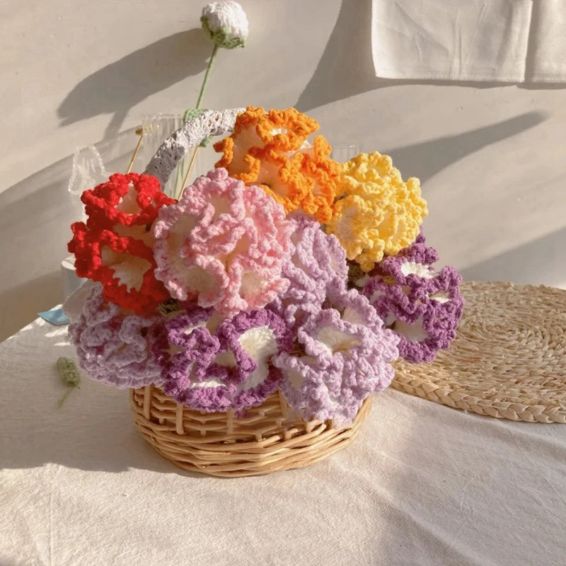 Finished Crochet Flowers Ins Handmade Knitted Flower Artificial Carnation Single Bouquet Woven Tulips Sunflower Gift Fake Floral