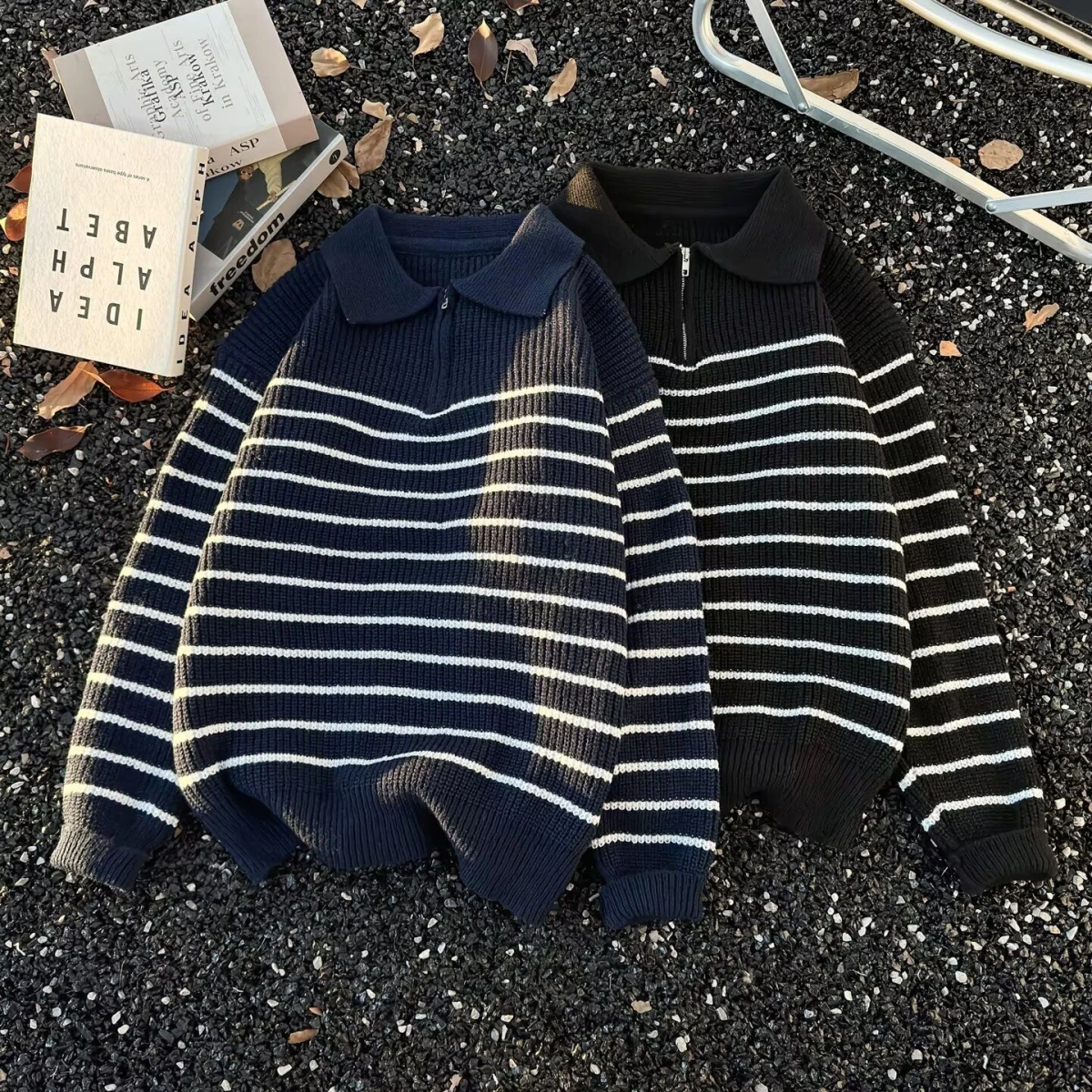 

Loose Fit Long Sve Knitted Sweater for Men Casual Vintage Zipper Design Striped Pattern Simple Turn-down Collar Winter Top