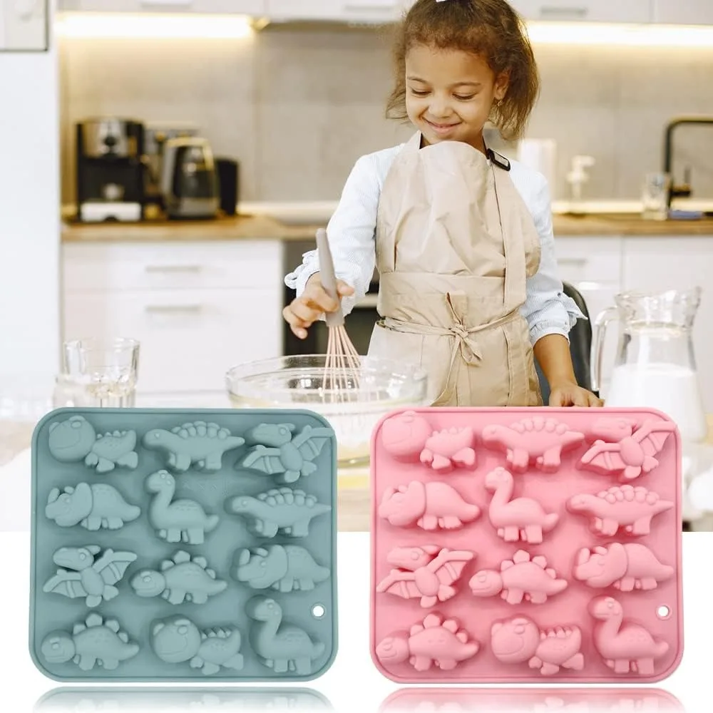 3D Cute Dinosaur Silicone Molds 12 Cavity Dinosaur Themed Baking Mould Tray DIY Baking Tool for Easter Chocolate Cake Dessert