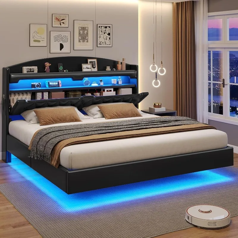 Floating Bed Frame King Size with Type-C Charging Station& Hidden Storage Headboard, King RGB Floating Platform Bed, No Box