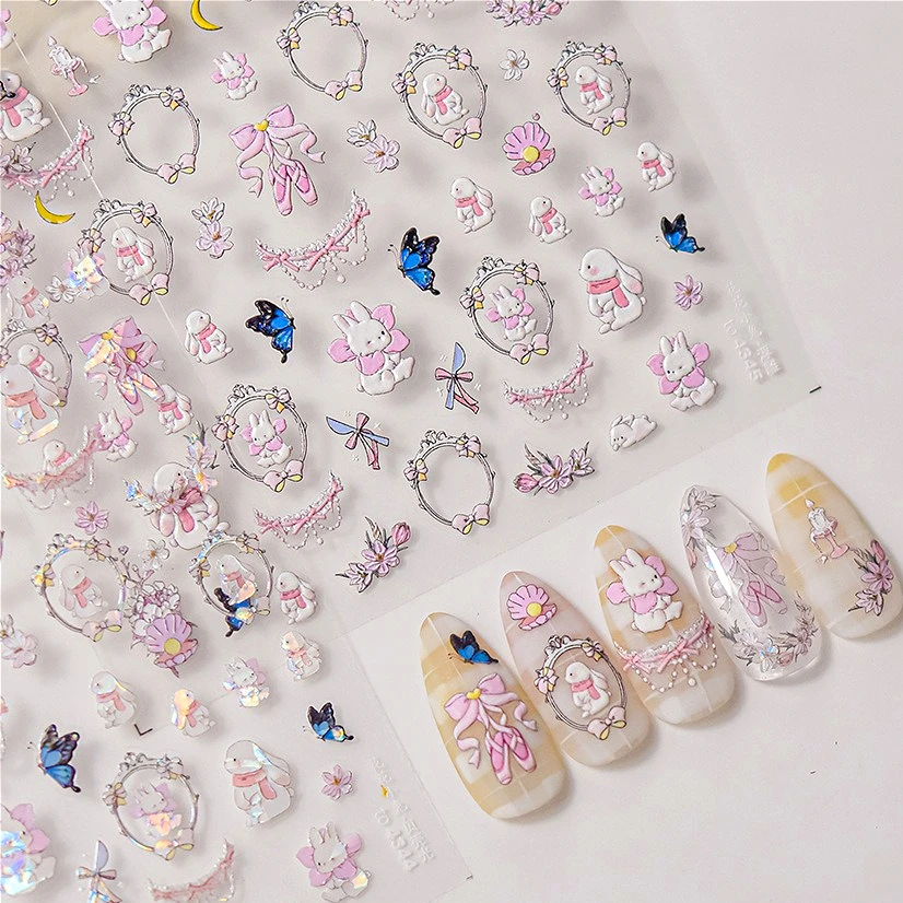

Bunny Rabbit Peach Blossom Flowers Moon Bowknot Retro Photo Frame Lace Necklace Candle Holder Nail Art Stickers Manicure Decals