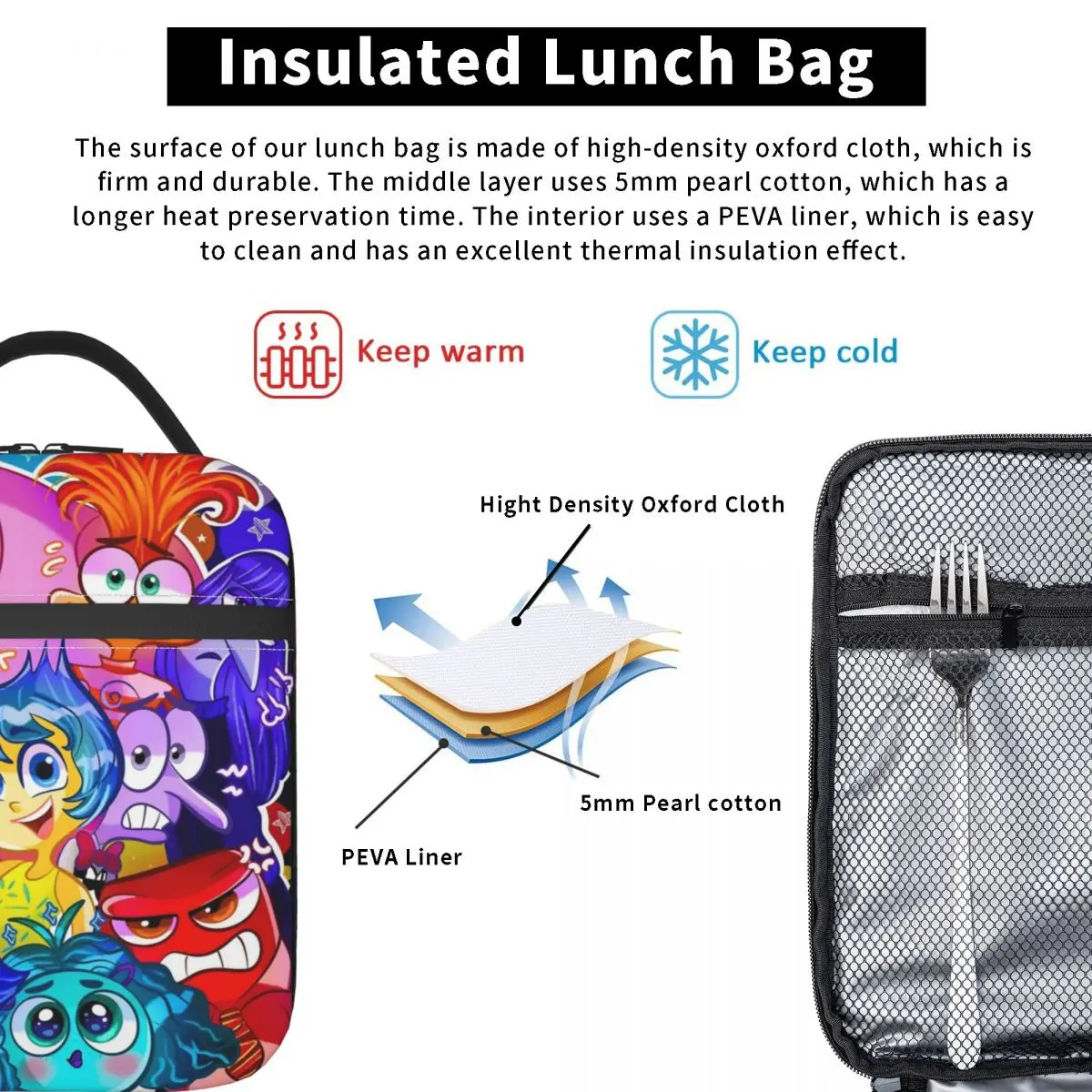 Inside Out Emotions Anxiety Insulated Lunch Bag Thermal Bag Reusable Cartoon Portable Lunch Box Tote Men Women Office Outdoor