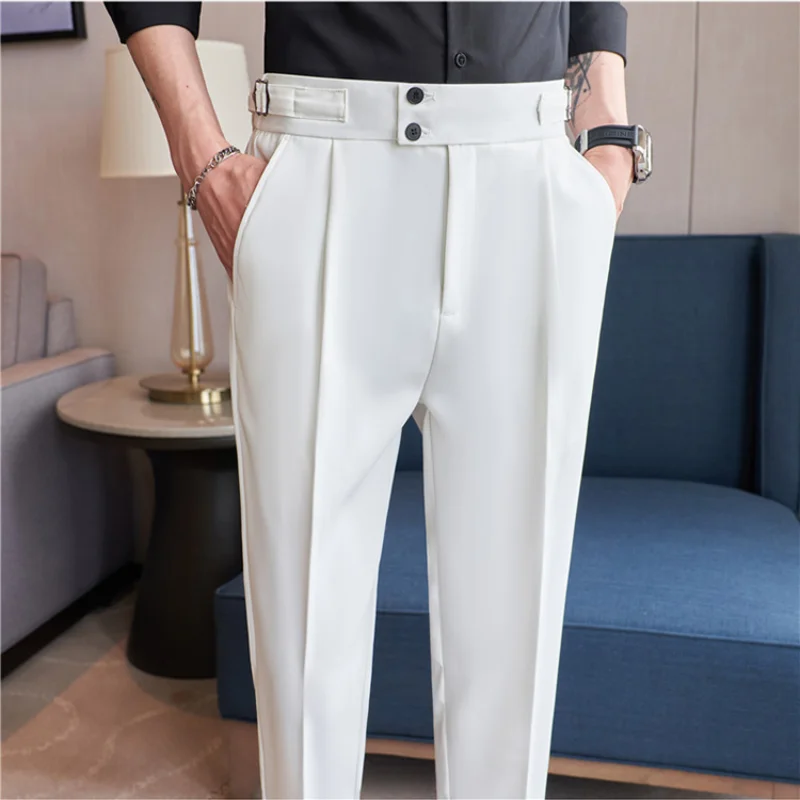 British Style Summer New High Waist Casual Pant Men With Elastic Waistline Design Suit Pants Social Wedding Party Formal Pants