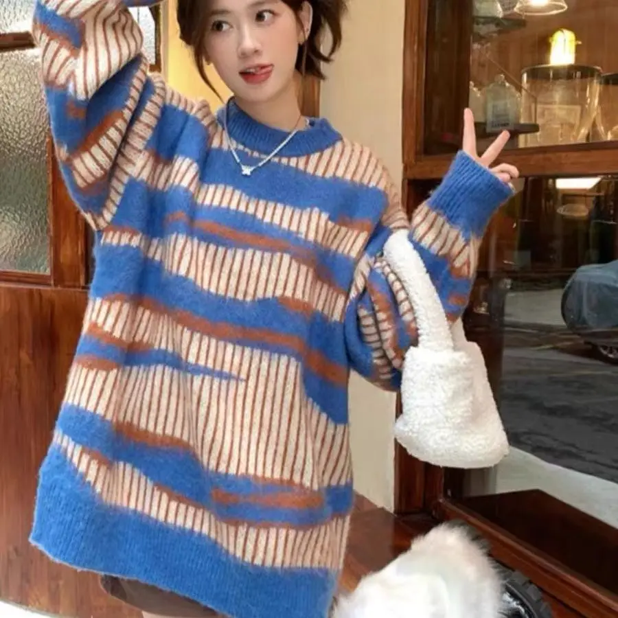 

Printed Round Neck Long-Sleeved Sweater Korean Style Autumn Winter New Women Lazy Style Slimming Knitted Pullover Top