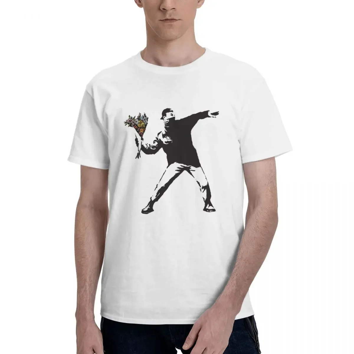 Banksy Graffiti Protest Anarchist Throwing Flowers 100% Cotton T-shirt Men Fashion T Shirts Men Round Neck Short Sleeve S-6XL