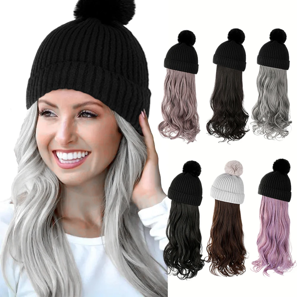 Synthetic Fashion Female Hat Wig Long Curly Hair Detachable In Autumn Winter Waving Wig With Hats For Birthday Gift