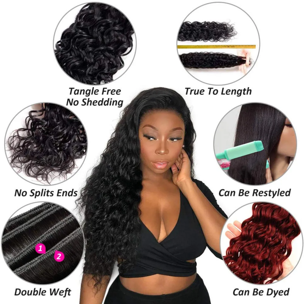 Bundles de cheveux humains bouclés Deep Wave avec fermeture, dentelle 13tage, extensions noires naturelles # 1B, 24 po, 26 po, 28 po