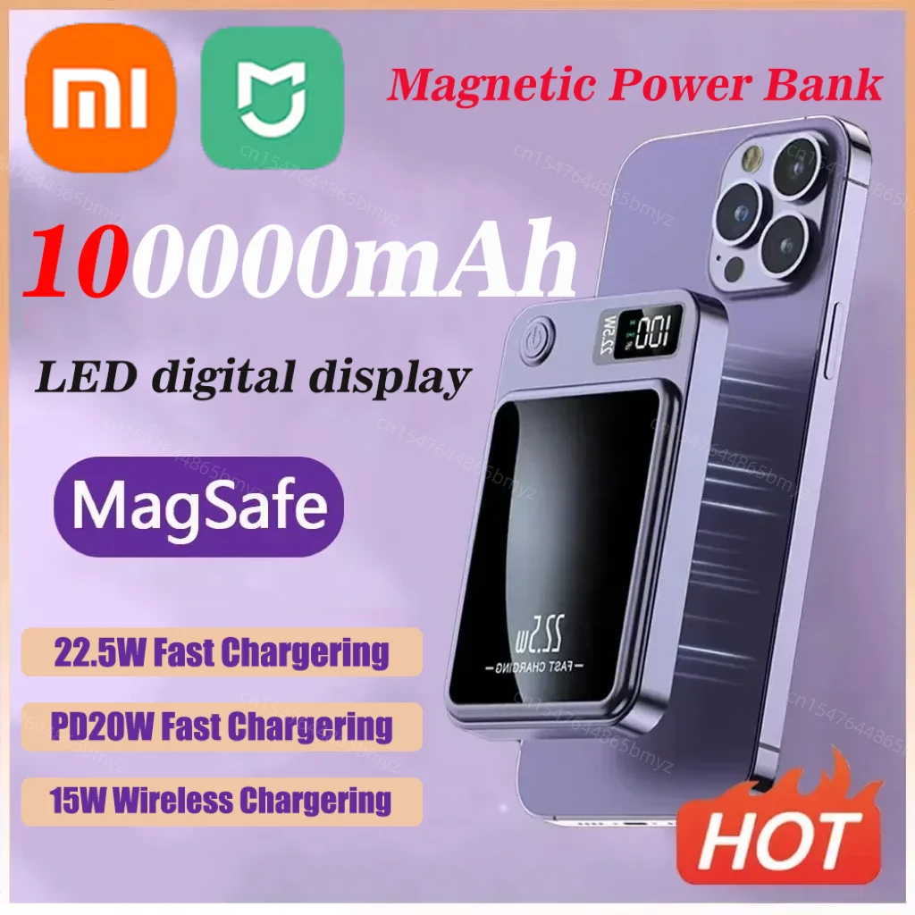 Xiaomi Mijia 100000mAH Power Bank 22.5W Magnetic Wireless Hand Warmer Fast Charging Magnetic Power Bank For Iphone16 Huawei New