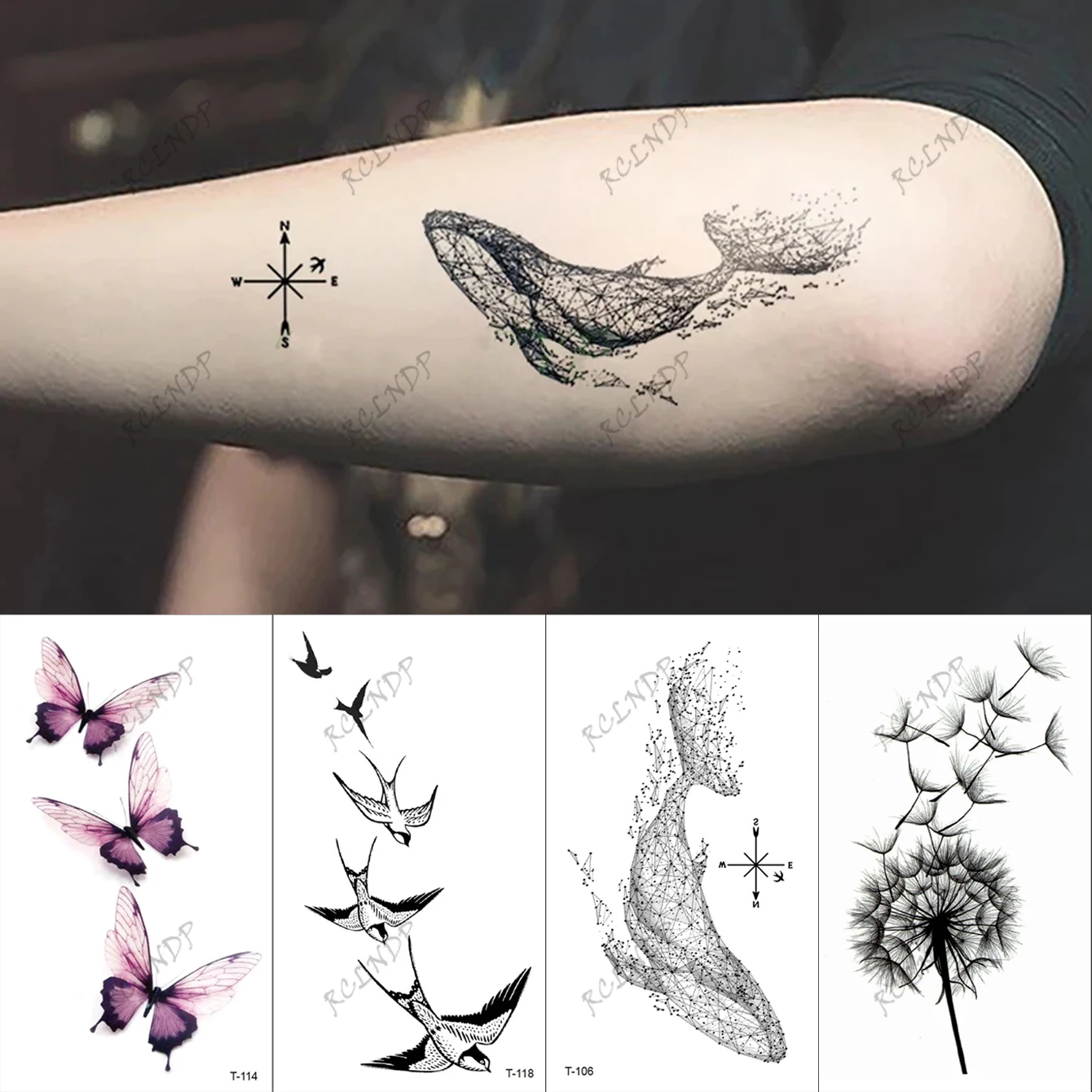 4pcs Waterproof Temporary Tattoo Sticker Elegant butterfly bird whale dandelion Fake Tatto Flash Tatoo Tato for Girl Women