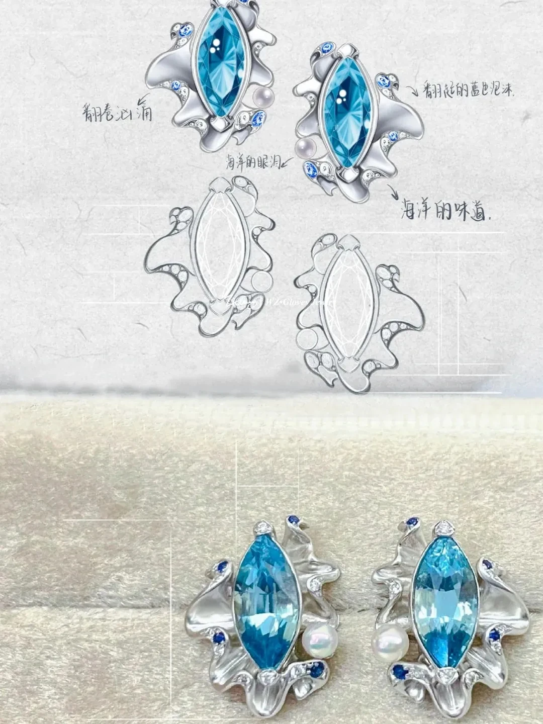 Little Fresh Color Matching Rolling Waves Blue Zircon Earrings Women's High End Social Banquet Eye-catching Earring Jewelry