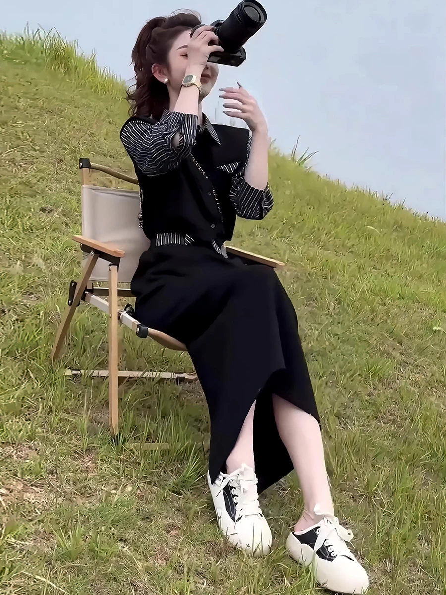 Lente 2025, damesset met hoge taille, gestreept irt-vest en rok, Faion-ontwerp, vals tweedelig pak voor kleine dames