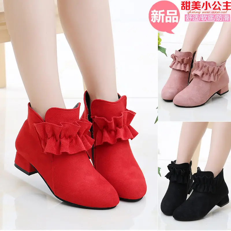 

Girls Ankle Boots High Heels Square Heel with Ruffles Flouncing Kids Princess Boots Children Snow Boots Warm Fashion Sweet Flock