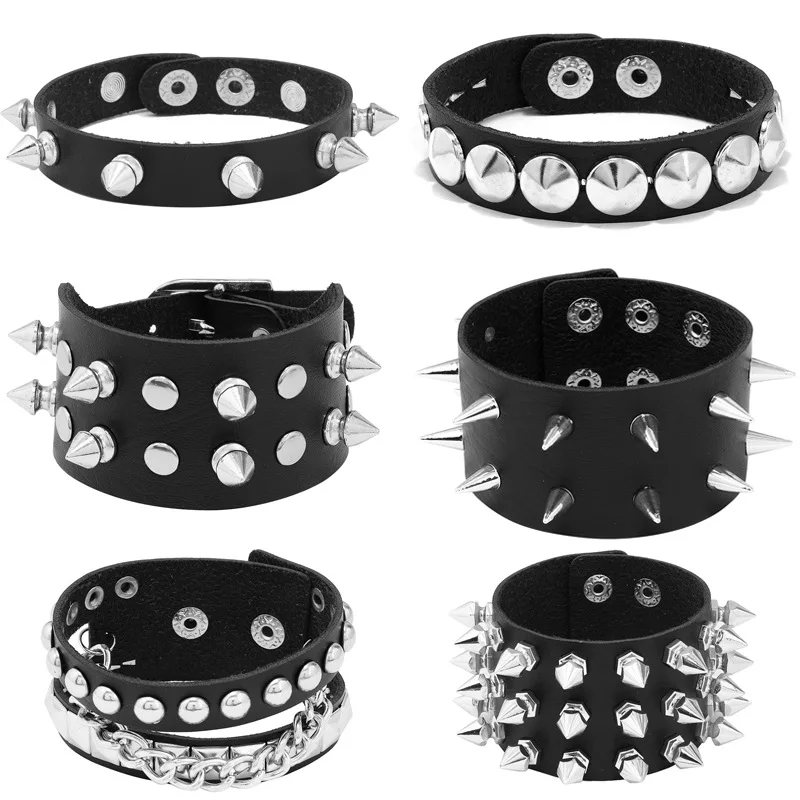 

6pic/set Leather Wristband Bracelet Cuff Gothic Punk Bracelets Women Men Spikes Rivet Stud Bangle Cosplay Rock Unisex Jewelry