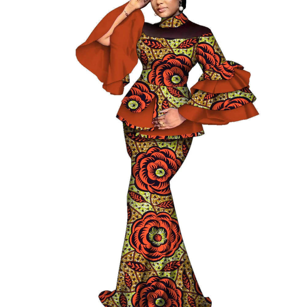African Clothes for Women 2 Pieces Set Flare Sleeve Shirt and Maxi Long Skirt Elegant Dashiki Party Wedding Dress Wy10127