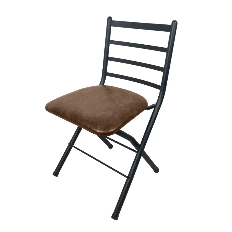 Indoor Black Folding Slat Chair with Brown Vegan Leather Seat