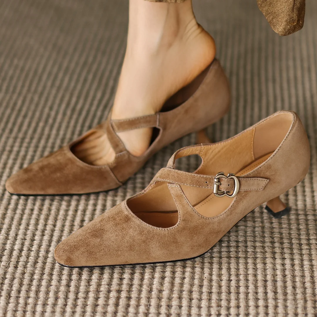 Damska naturalna skóra zamszowa wąski pasek krzyżowy szpiczaste czółenka 5cm cienki wysoki obcas eleganckie damskie buty na co dzień na obcasie hot