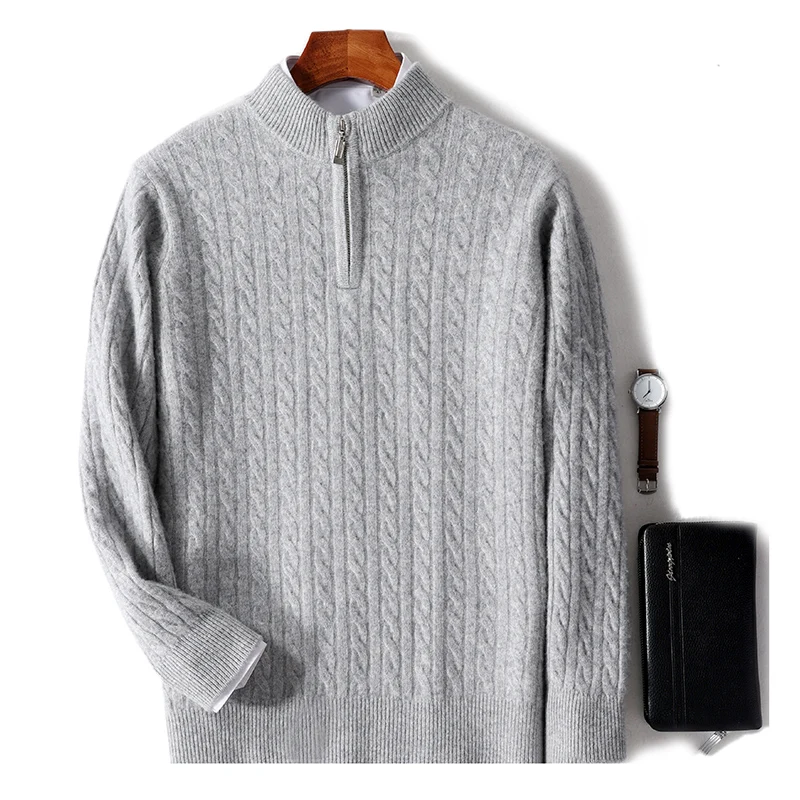 

Fall/Winter 100% Pure Wool Zipper Men's Padded Sweater Semi-High Collar Men's Cashmere Sweater