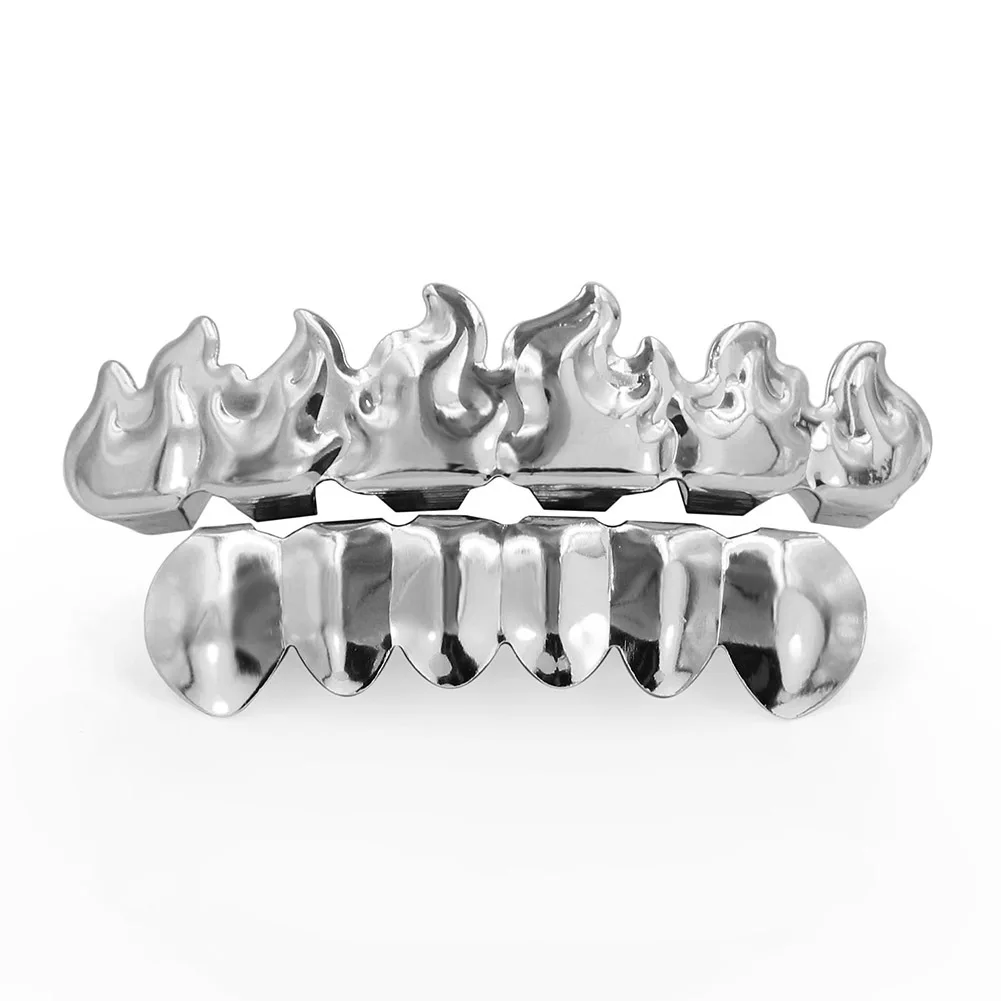 Banhado A Ouro Cor HIP HOP Dentes Grillz, Folha De Chama, Conjunto De Grelha Superior e Inferior, Dentes De Vampiro De Silicone, Presente De Natal