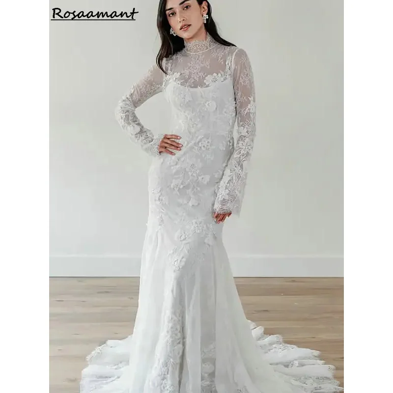 

Винтажные свадебные платья русалки с высоким воротом и длинными рукавами, иллюзия, аппликации, кружевные свадебные платья в стиле бохо