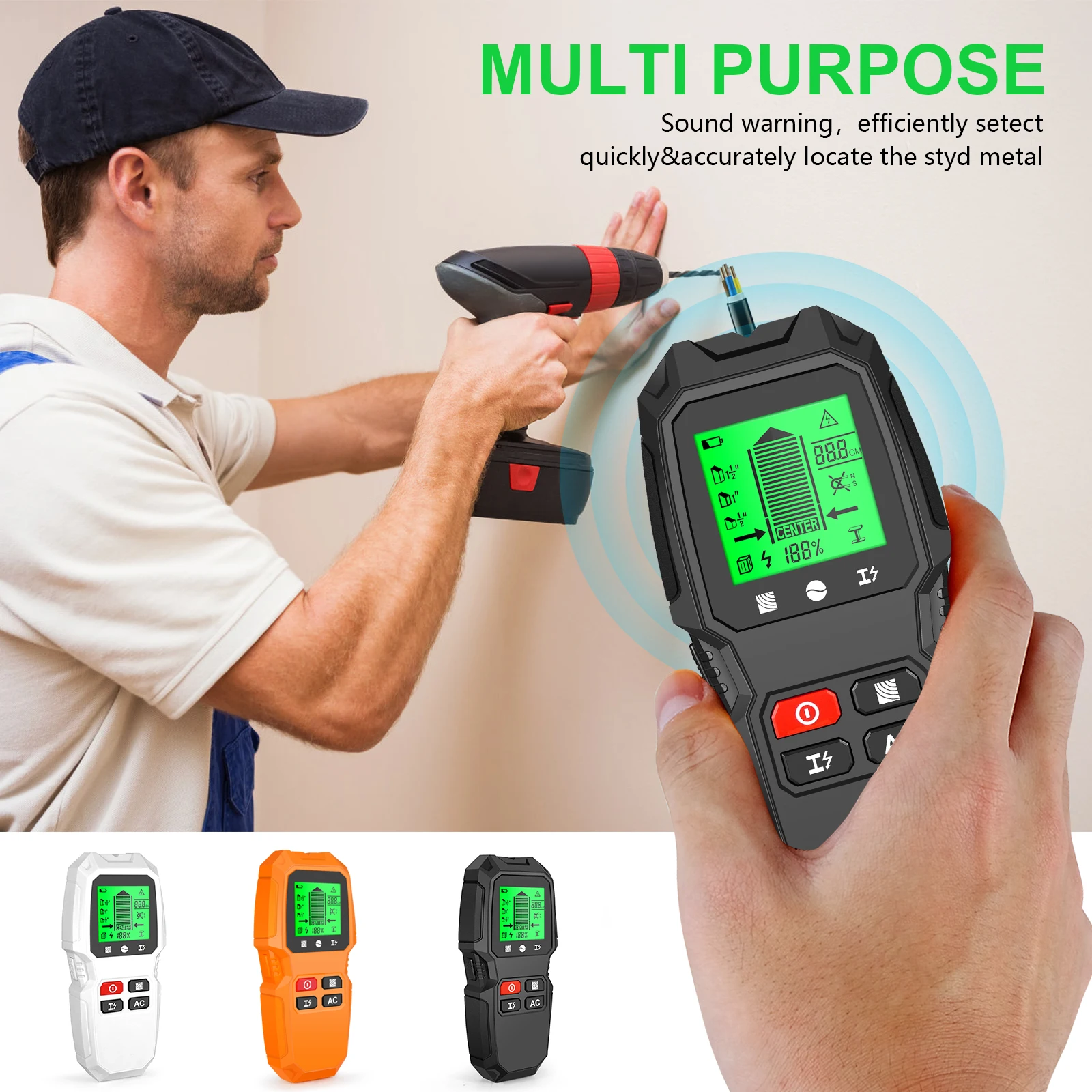 5 in 1 Stud Finder Wall Detector AC Wall Scanner Hidden Line Finding Cable Wires Depth Tracker Digital Backlit LCD Display