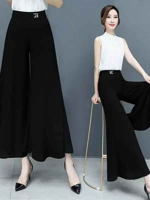 

Superb High Waist Wide Leg Pants Women's Summer New Loose Black Nine Points Casual Style Polyester Fiber Skin-friendly Breath...
