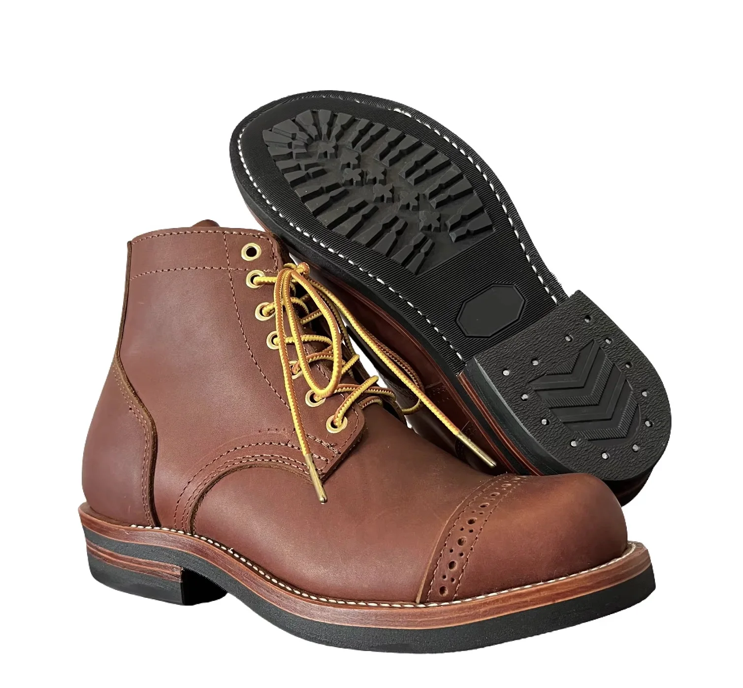 LLC420 Men Full Grain Leather Cap Toe Work Boots Goodyear Welt Brogue Perforated Vintage Lace‑Up Motorcycle Ankle Boots For Men