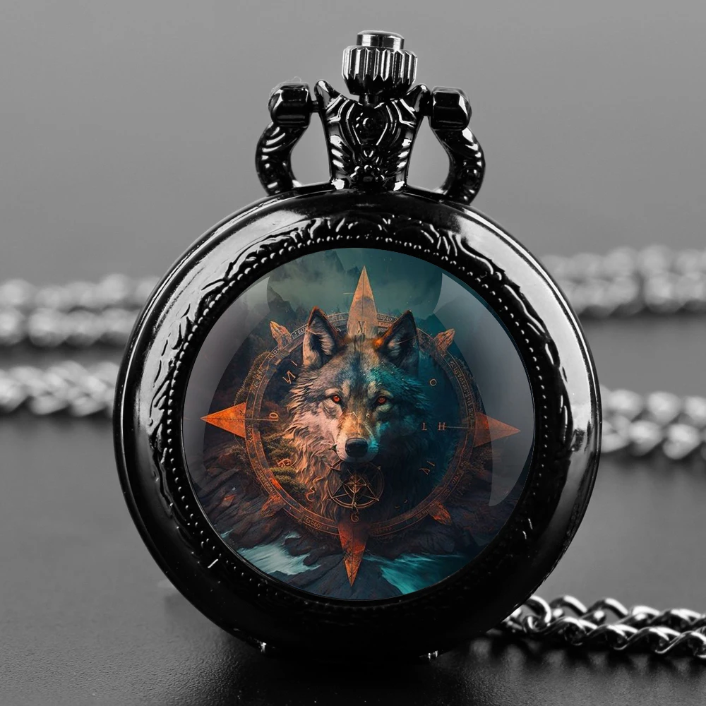 Montre de Poche à Quartz Design Tête de Loup, Horloge Pendante, Collier, Cadeau pour Enfants et Femmes