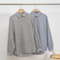 Chic Linen Striped Women's Shirts All-match Casual Loose Blouses Fashion Stand Collar Long Sleeve Tops Ladies Streetwear Shirt